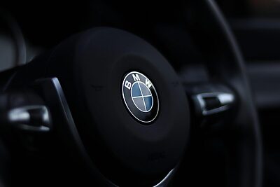 Detailed view of a BMW steering wheel emblem with a stylish depth of field effect.