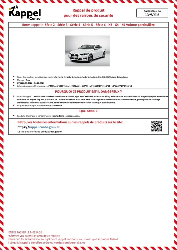 Affichette officielle de rappel constructeur Bmw - Série 2 - série 3 - série 4 - série 5 - série 6 - x3 - x4 - x5 voiture de tourisme.