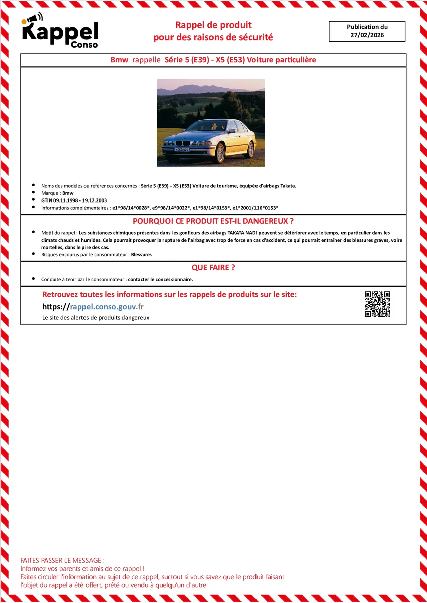 Affichette officielle de rappel constructeur Bmw - Série 5 (e39) - x5 (e53) voiture de tourisme, Équipée d'airbags takata.