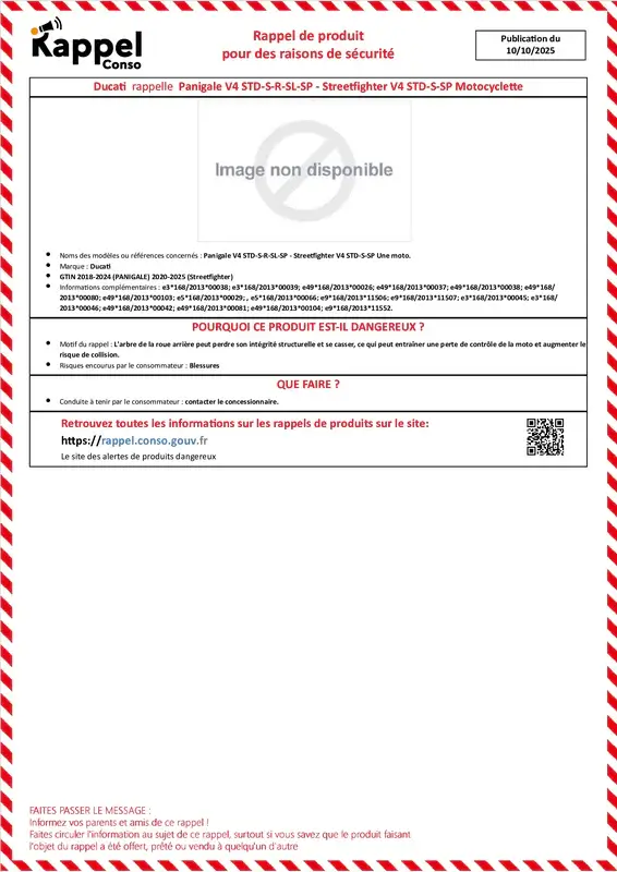 Affichette officielle de rappel constructeur Ducati - Panigale v4 std-s-r-sl-sp - streetfighter v4 std-s-sp une moto.