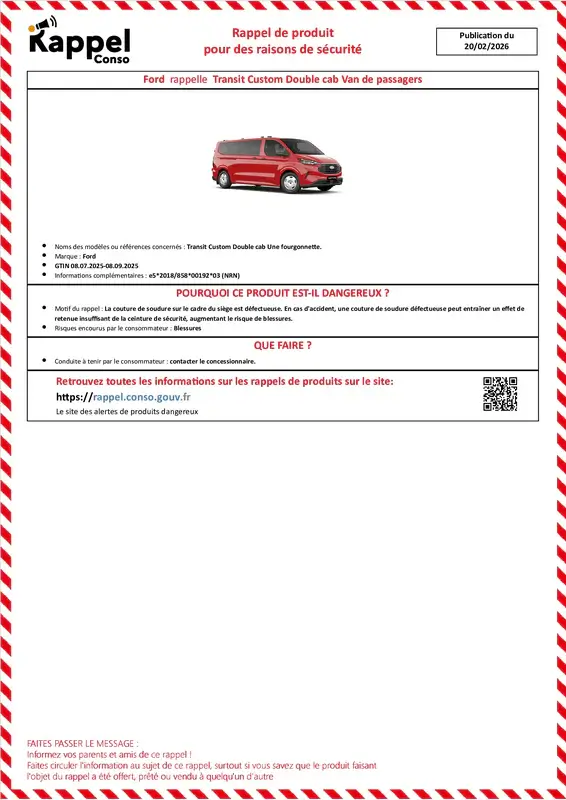 Affichette officielle de rappel constructeur Ford - Transit custom double cab une fourgonnette.