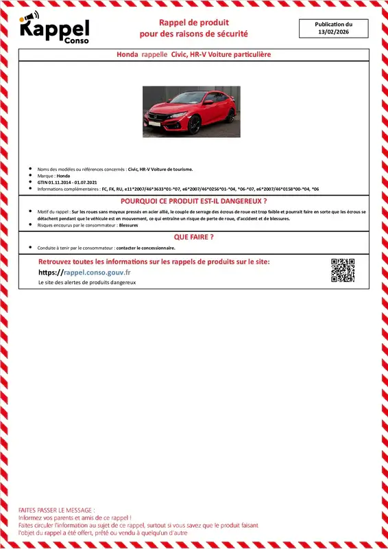 Affichette officielle de rappel constructeur Honda - Civic, Hr-v voiture de tourisme.