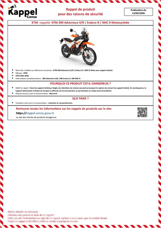 Affichette officielle de rappel constructeur Ktm - Ktm 390 adventure x/r, Enduro r, Smc r moto avec support latéral.