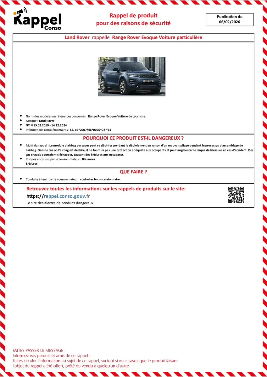 Affichette officielle de rappel constructeur Land rover - Range rover evoque voiture de tourisme.