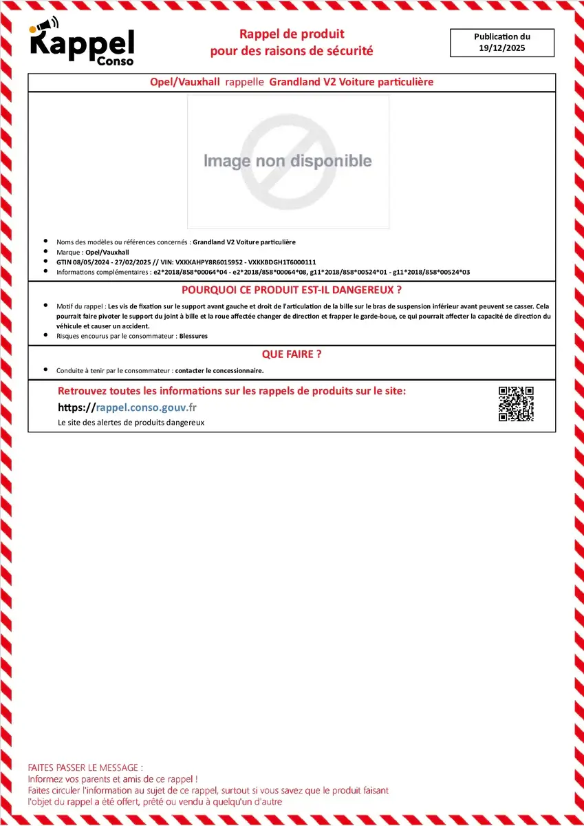 Affichette officielle de rappel constructeur Opel/vauxhall - Grandland v2 voiture particulière