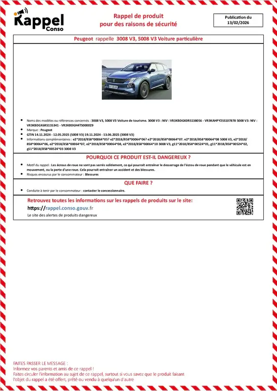 Affichette officielle de rappel constructeur Peugeot - 3008 v3, 5008 v3 voiture de tourisme. 3008 v3 : niv : vr3kbdgk0rs138056 - vr3kahpy2ss107878 5008 v3: niv : vr3kbdgk6rs135341 - vr3kbdgh4ts000029