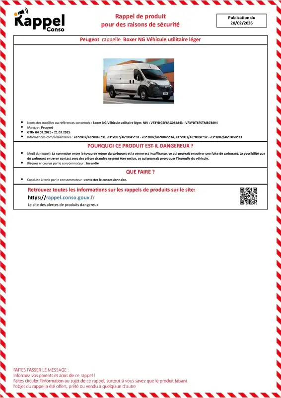 Affichette officielle de rappel constructeur Peugeot - Boxer ng véhicule utilitaire léger. niv : vf3ydg6f8rg086843 - vf3ydt6f5tmb73894