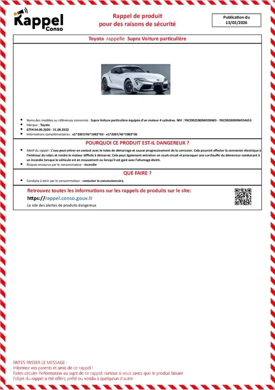 Affichette officielle de rappel constructeur Toyota - Supra voiture particulière équipée d'un moteur 4 cylindres. niv : ybcdb21000w039683 - ybcdb260x0w054653