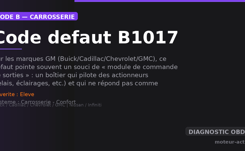 Code défaut B1017 : Sur les marques GM (Buick/Cadillac/Chevrolet/GMC), ce défaut pointe souvent un souci de « module de commande de sorties » : un boîtier qui pilote des actionneurs (relais, éclairages, etc