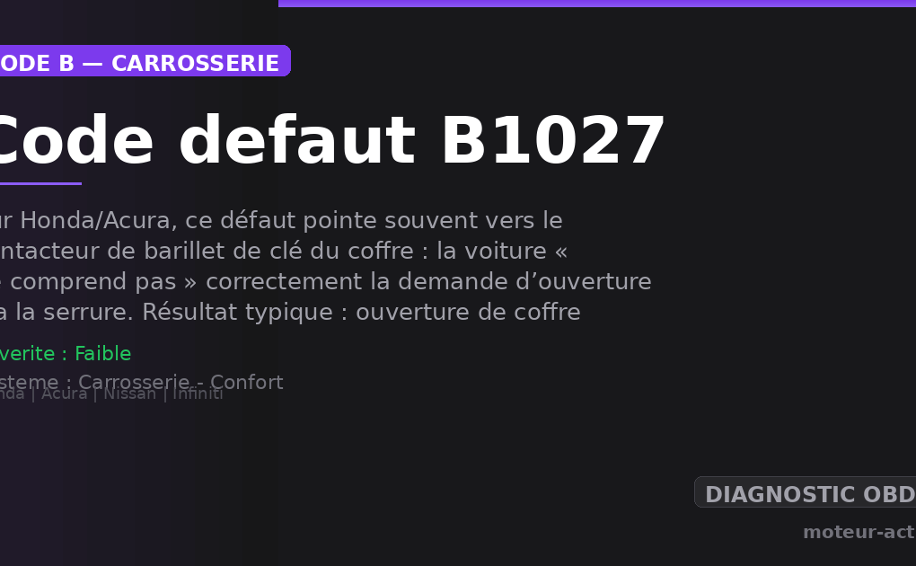 Code défaut B1027 : Sur Honda/Acura, ce défaut pointe souvent vers le contacteur de barillet de clé du coffre : la voiture « ne comprend pas » correctement la demande d’ouverture via la serrure