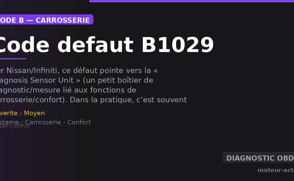 Code défaut B1029 : Sur Nissan/Infiniti, ce défaut pointe vers la « Diagnosis Sensor Unit » (un petit boîtier de diagnostic/mesure lié aux fonctions de carrosserie/confort)