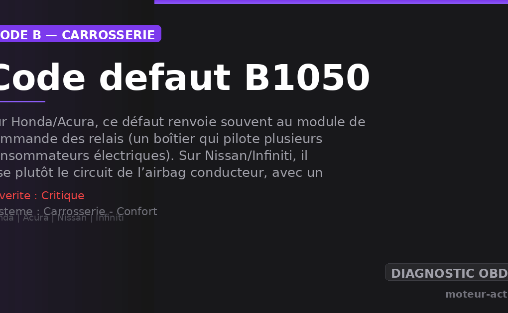 Code défaut B1050 : Sur Honda/Acura, ce défaut renvoie souvent au module de commande des relais (un boîtier qui pilote plusieurs consommateurs électriques)
