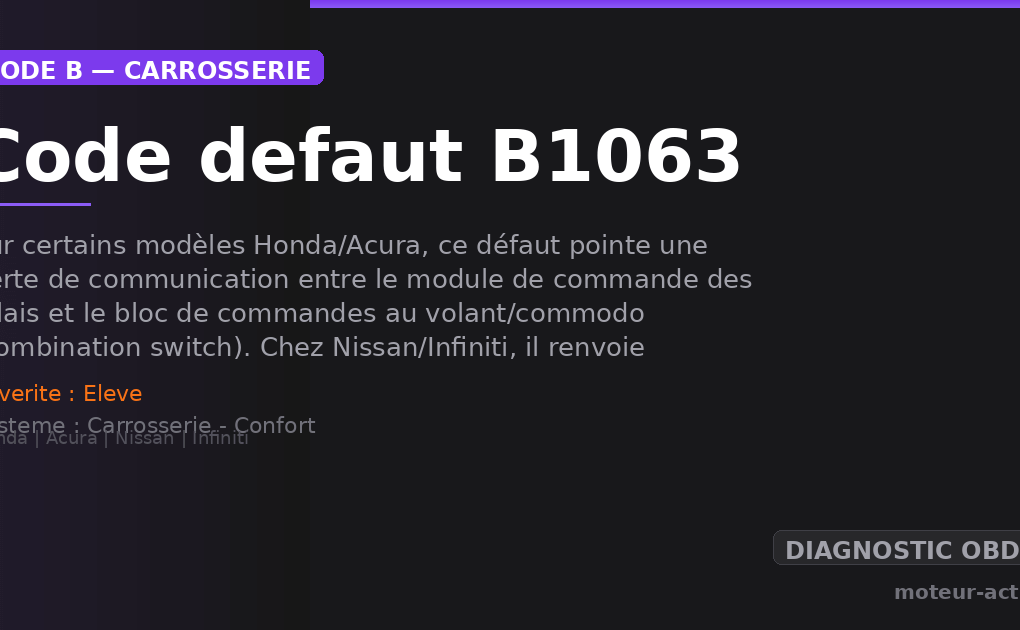 Code défaut B1063 : Sur certains modèles Honda/Acura, ce défaut pointe une perte de communication entre le module de commande des relais et le bloc de commandes au volant/commodo (combination switch)