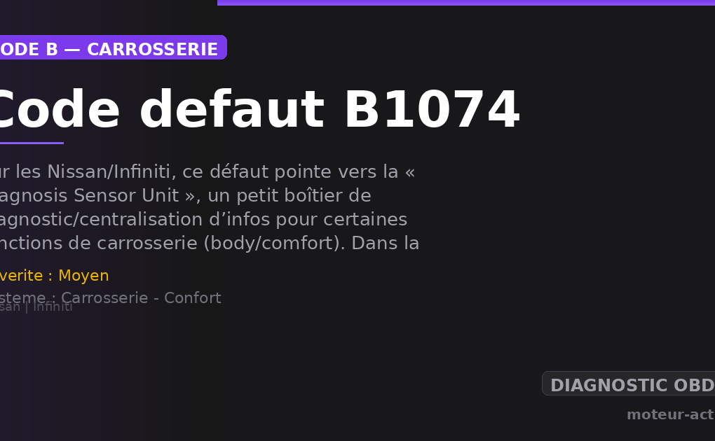 Code défaut B1074 : Sur les Nissan/Infiniti, ce défaut pointe vers la « Diagnosis Sensor Unit », un petit boîtier de diagnostic/centralisation d’infos pour certaines fonctions de carrosserie (body/comfort)