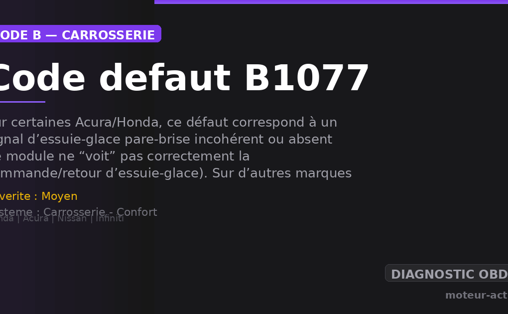 Code défaut B1077 : Sur certaines Acura/Honda, ce défaut correspond à un signal d’essuie-glace pare-brise incohérent ou absent (le module ne “voit” pas correctement la commande/retour d’essuie-glace)