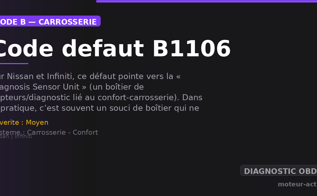 Code défaut B1106 : Sur Nissan et Infiniti, ce défaut pointe vers la « Diagnosis Sensor Unit » (un boîtier de capteurs/diagnostic lié au confort-carrosserie)