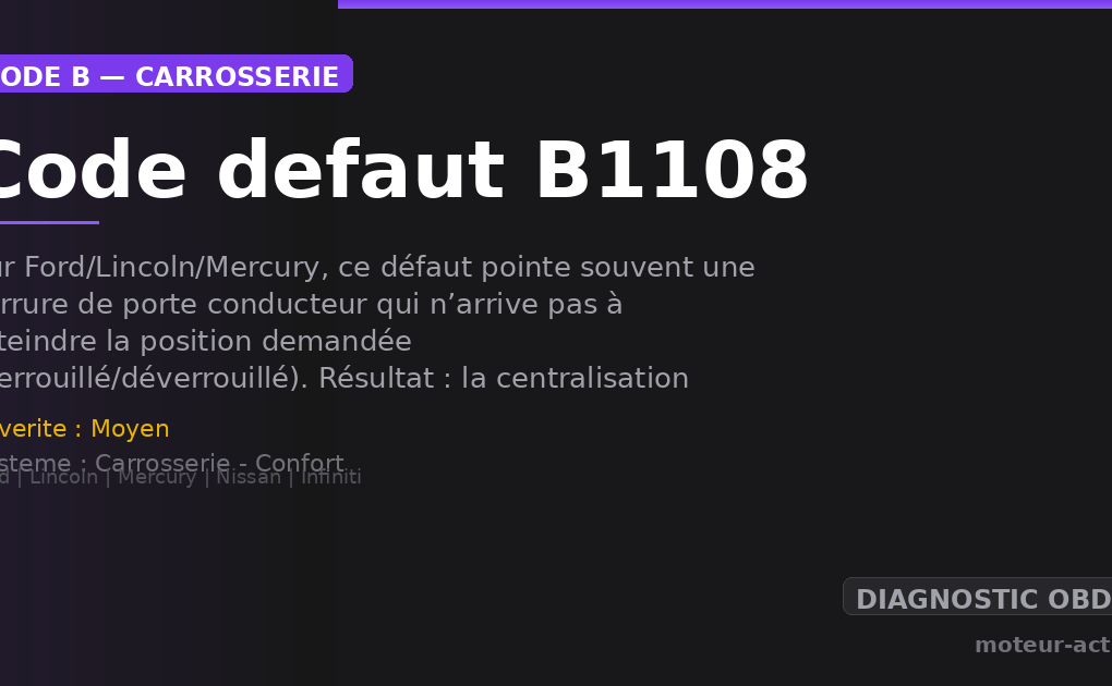 Code défaut B1108 : Sur Ford/Lincoln/Mercury, ce défaut pointe souvent une serrure de porte conducteur qui n’arrive pas à atteindre la position demandée (verrouillé/déverrouillé)
