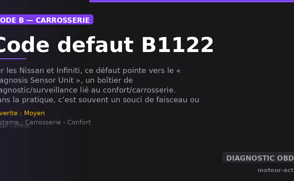 Code défaut B1122 : Sur les Nissan et Infiniti, ce défaut pointe vers le « Diagnosis Sensor Unit », un boîtier de diagnostic/surveillance lié au confort/carrosserie