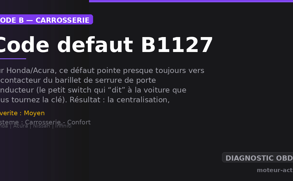 Code défaut B1127 : Sur Honda/Acura, ce défaut pointe presque toujours vers le contacteur du barillet de serrure de porte conducteur (le petit switch qui “dit” à la voiture que vous tournez la clé)