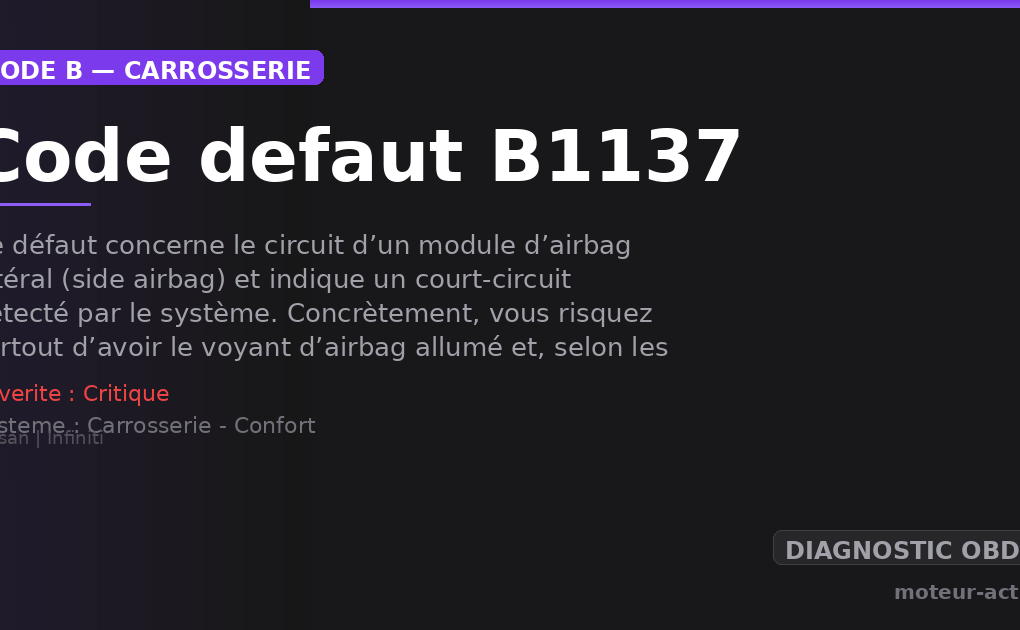 Code défaut B1137 : Ce défaut concerne le circuit d’un module d’airbag latéral (side airbag) et indique un court-circuit détecté par le système