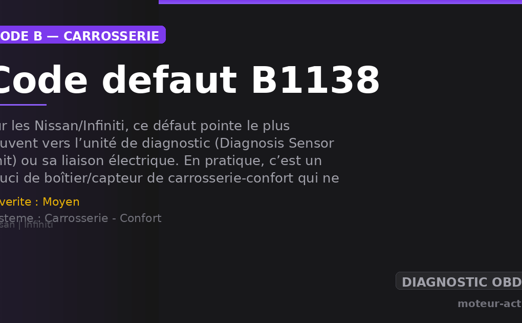 Code défaut B1138 : Sur les Nissan/Infiniti, ce défaut pointe le plus souvent vers l’unité de diagnostic (Diagnosis Sensor Unit) ou sa liaison électrique