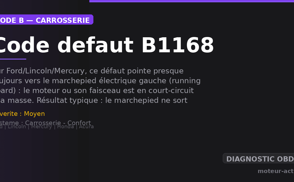 Code défaut B1168 : Sur Ford/Lincoln/Mercury, ce défaut pointe presque toujours vers le marchepied électrique gauche (running board) : le moteur ou son faisceau est en court-circuit à la masse