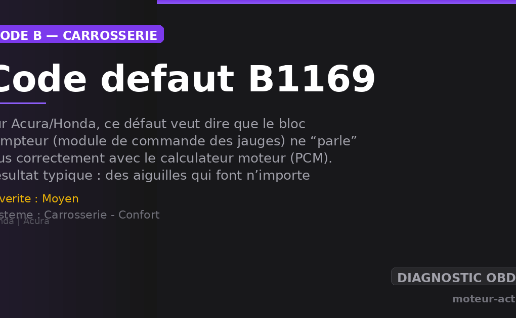 Code défaut B1169 : Sur Acura/Honda, ce défaut veut dire que le bloc compteur (module de commande des jauges) ne “parle” plus correctement avec le calculateur moteur (PCM)