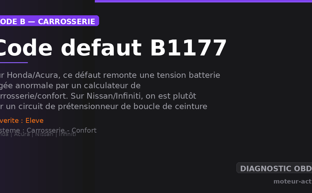 Code défaut B1177 : Sur Honda/Acura, ce défaut remonte une tension batterie jugée anormale par un calculateur de carrosserie/confort
