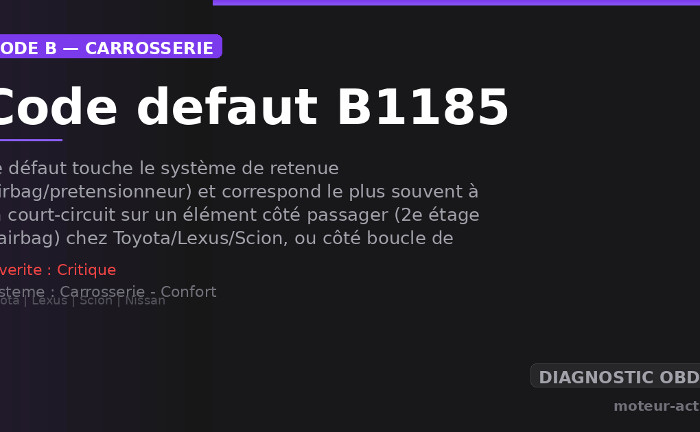 Code défaut B1185 : Ce défaut touche le système de retenue (airbag/pretensionneur) et correspond le plus souvent à un court-circuit sur un élément côté passager (2e étage d’airbag) chez Toyota/Lexus/Scion, ou côté boucle de ceinture avant gauche (prétensionneur) chez Nissan