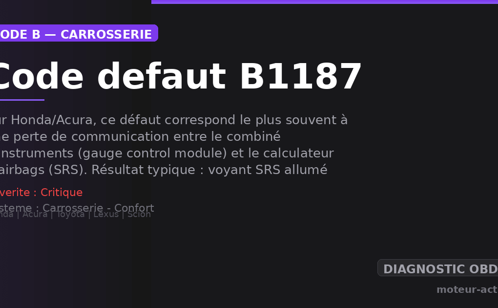 Code défaut B1187 : Sur Honda/Acura, ce défaut correspond le plus souvent à une perte de communication entre le combiné d’instruments (gauge control module) et le calculateur d’airbags (SRS)