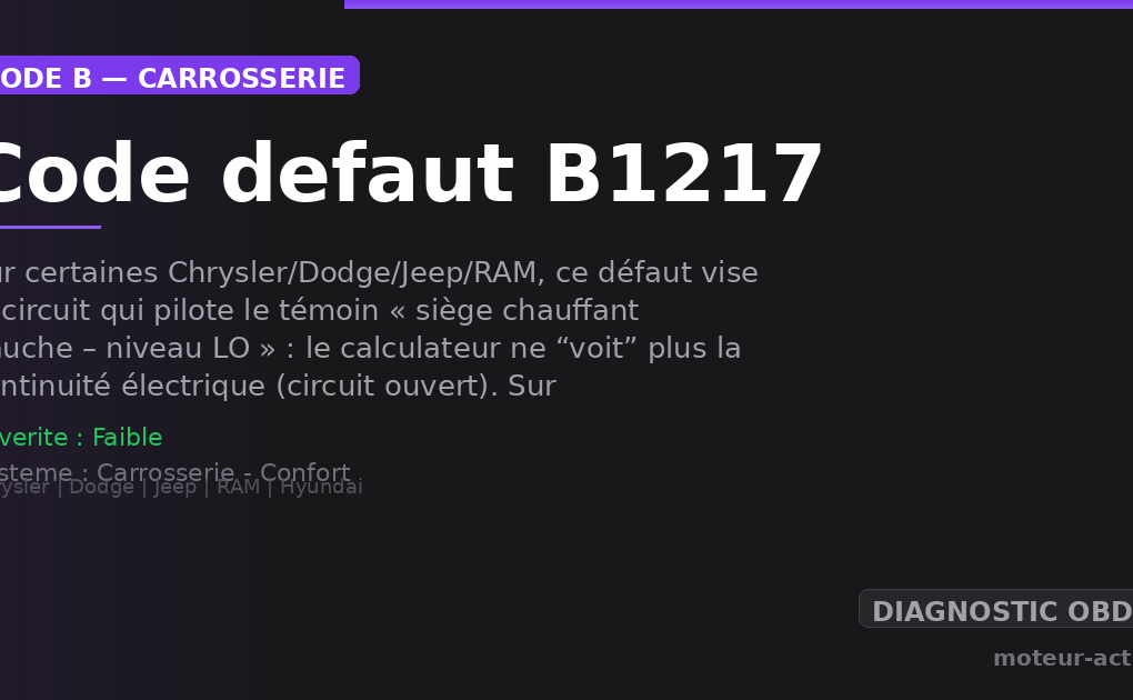 Code défaut B1217 : Sur certaines Chrysler/Dodge/Jeep/RAM, ce défaut vise le circuit qui pilote le témoin « siège chauffant gauche – niveau LO » : le calculateur ne “voit” plus la continuité électrique (circuit ouvert)