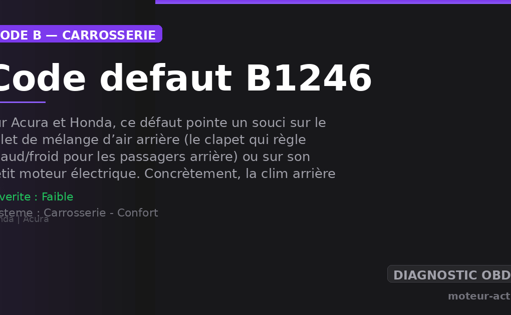 Code défaut B1246 : Sur Acura et Honda, ce défaut pointe un souci sur le volet de mélange d’air arrière (le clapet qui règle chaud/froid pour les passagers arrière) ou sur son petit moteur électrique