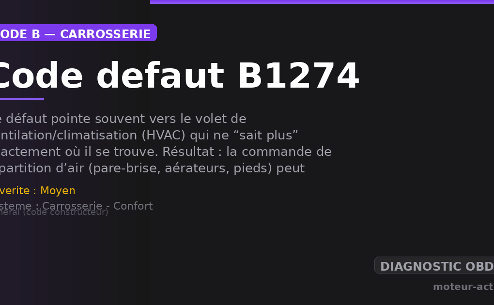 Code défaut B1274 : Ce défaut pointe souvent vers le volet de ventilation/climatisation (HVAC) qui ne “sait plus” exactement où il se trouve