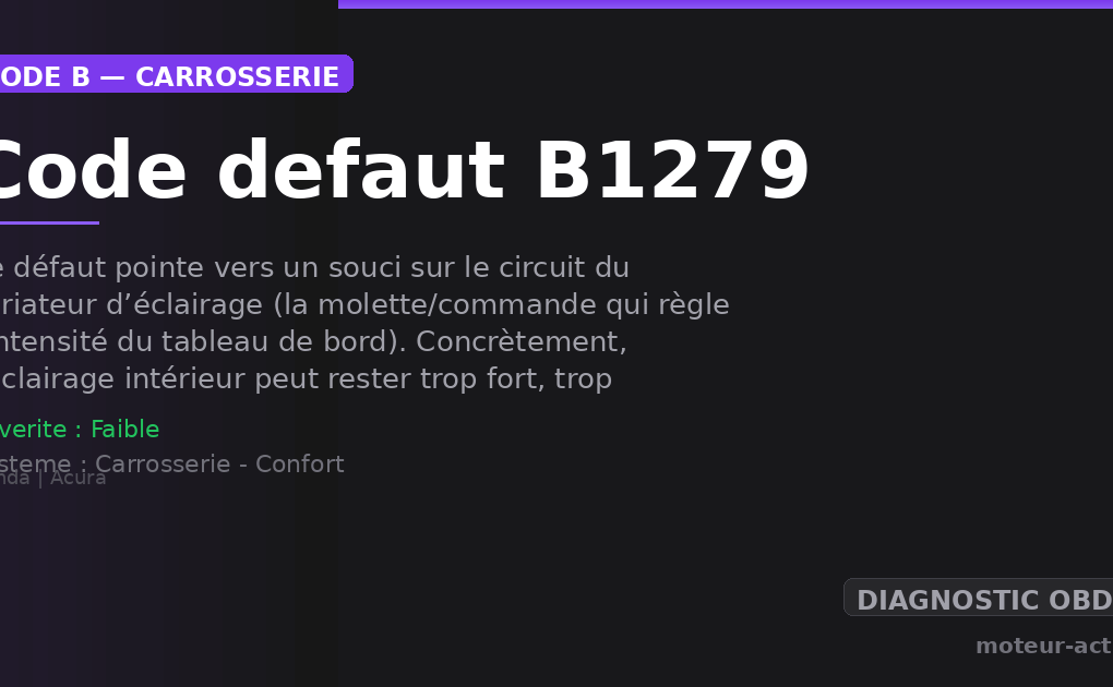 Code défaut B1279 : Ce défaut pointe vers un souci sur le circuit du variateur d’éclairage (la molette/commande qui règle l’intensité du tableau de bord)