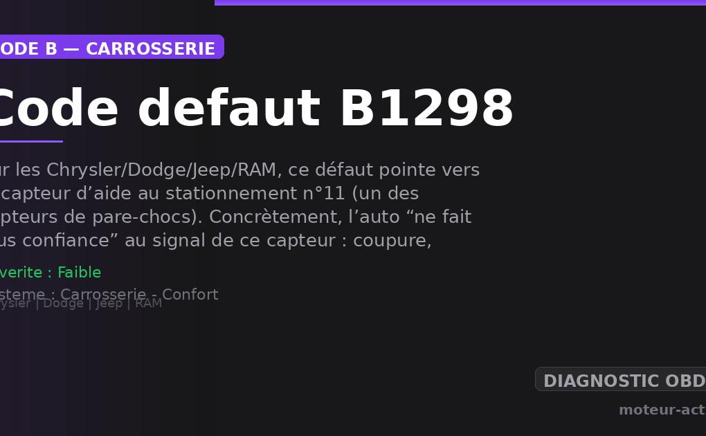 Code défaut B1298 : Sur les Chrysler/Dodge/Jeep/RAM, ce défaut pointe vers le capteur d’aide au stationnement n°11 (un des capteurs de pare-chocs)