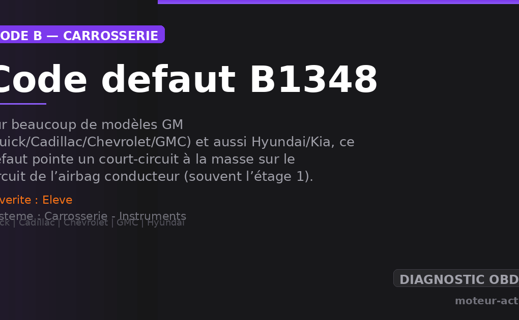 Code défaut B1348 : Sur beaucoup de modèles GM (Buick/Cadillac/Chevrolet/GMC) et aussi Hyundai/Kia, ce défaut pointe un court-circuit à la masse sur le circuit de l’airbag conducteur (souvent l’étage 1)