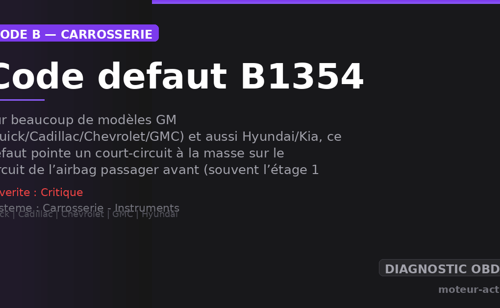 Code défaut B1354 : Sur beaucoup de modèles GM (Buick/Cadillac/Chevrolet/GMC) et aussi Hyundai/Kia, ce défaut pointe un court-circuit à la masse sur le circuit de l’airbag passager avant (souvent l’étage 1 du module)