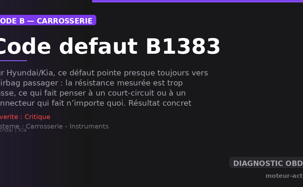 Code défaut B1383 : Sur Hyundai/Kia, ce défaut pointe presque toujours vers l’airbag passager : la résistance mesurée est trop basse, ce qui fait penser à un court-circuit ou à un connecteur qui fait n’importe quoi
