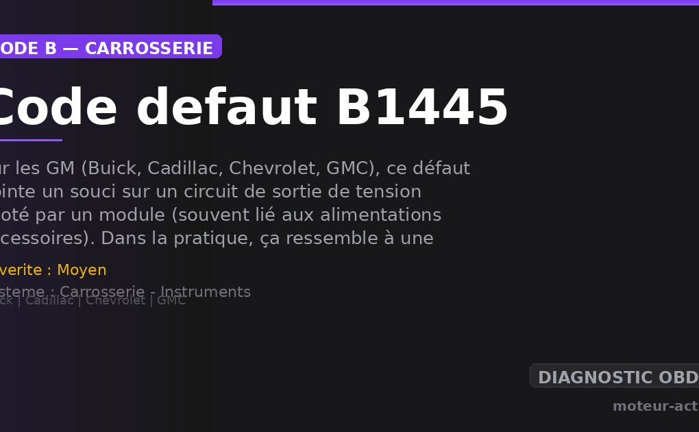 Code défaut B1445 : Sur les GM (Buick, Cadillac, Chevrolet, GMC), ce défaut pointe un souci sur un circuit de sortie de tension piloté par un module (souvent lié aux alimentations accessoires)