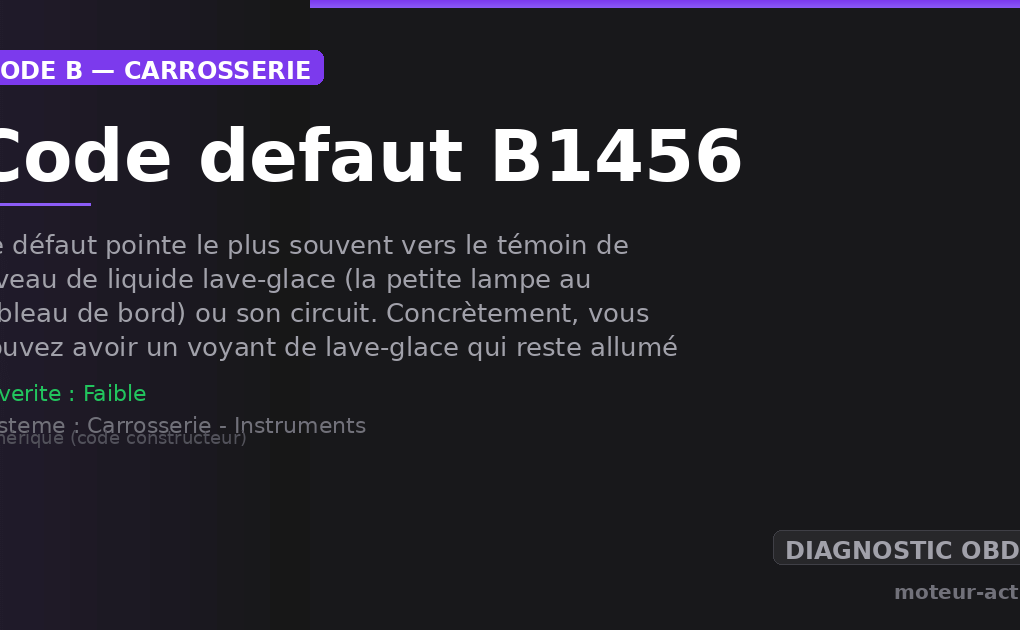 Code défaut B1456 : Ce défaut pointe le plus souvent vers le témoin de niveau de liquide lave-glace (la petite lampe au tableau de bord) ou son circuit