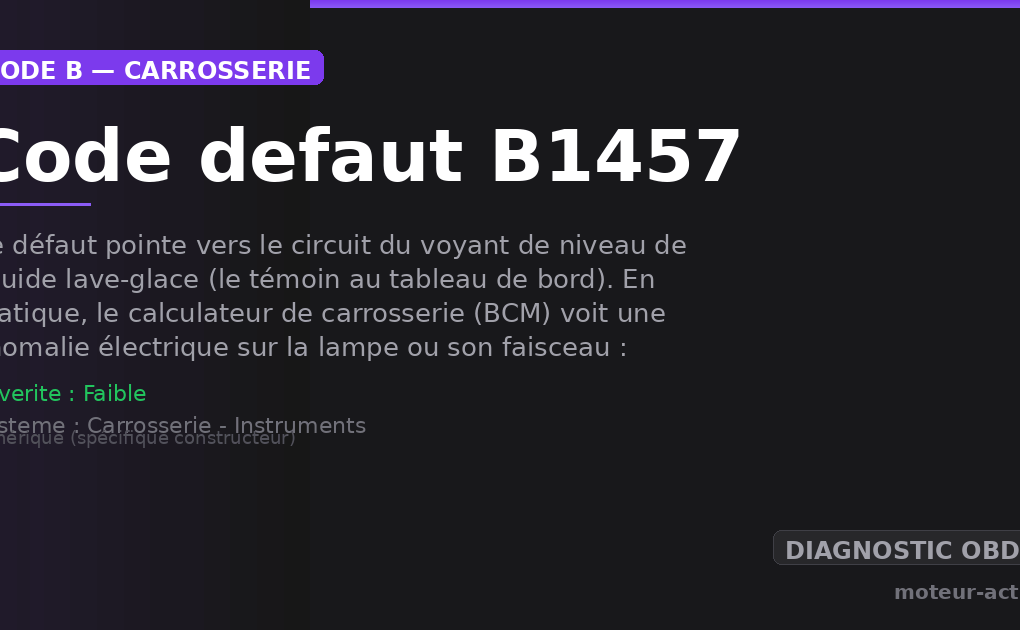 Code défaut B1457 : Ce défaut pointe vers le circuit du voyant de niveau de liquide lave-glace (le témoin au tableau de bord)