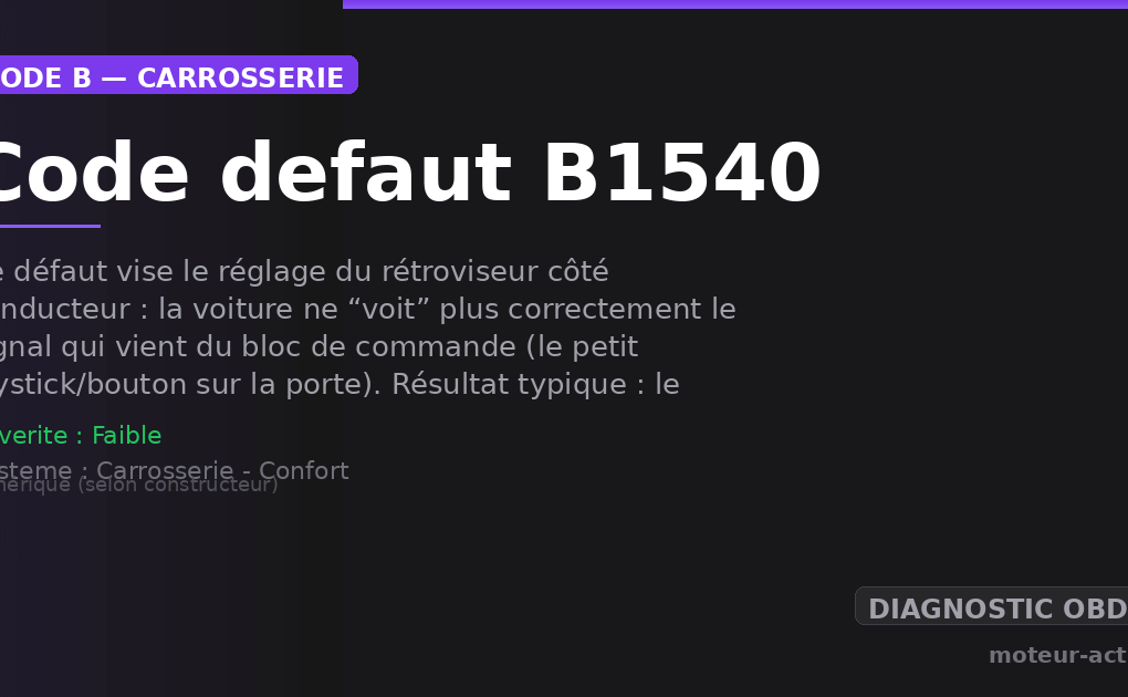 Code défaut B1540 : Ce défaut vise le réglage du rétroviseur côté conducteur : la voiture ne “voit” plus correctement le signal qui vient du bloc de commande (le petit joystick/bouton sur la porte)