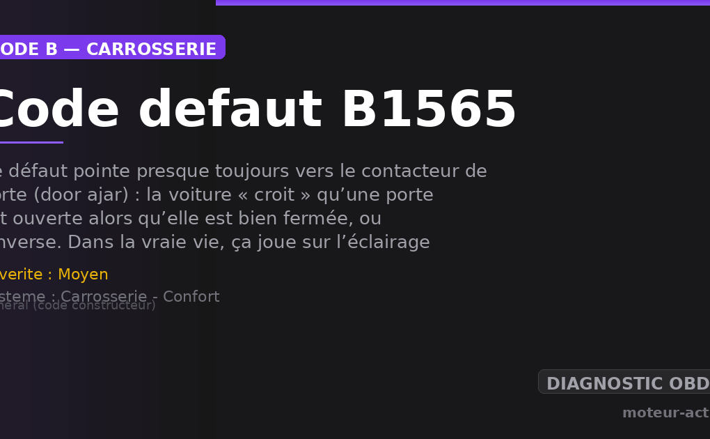 Code défaut B1565 : Ce défaut pointe presque toujours vers le contacteur de porte (door ajar) : la voiture « croit » qu’une porte est ouverte alors qu’elle est bien fermée, ou l’inverse