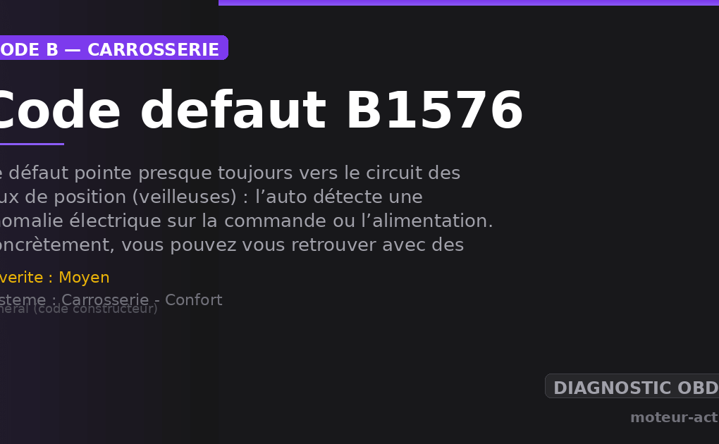 Code défaut B1576 : Ce défaut pointe presque toujours vers le circuit des feux de position (veilleuses) : l’auto détecte une anomalie électrique sur la commande ou l’alimentation