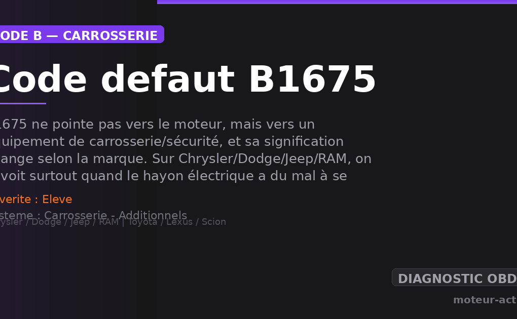 Code défaut B1675 : B1675 ne pointe pas vers le moteur, mais vers un équipement de carrosserie/sécurité, et sa signification change selon la marque