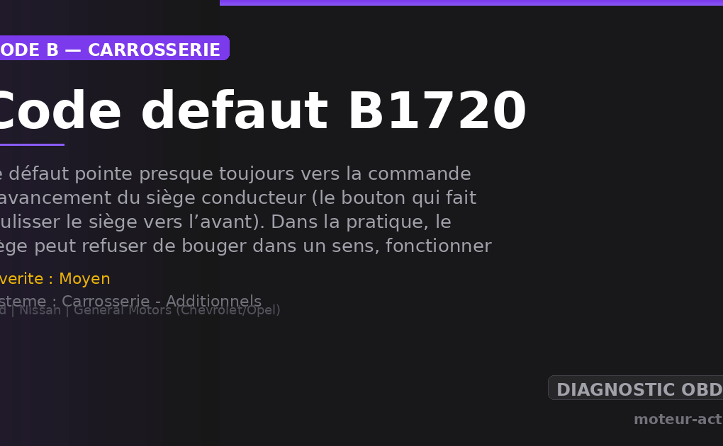 Code défaut B1720 : Ce défaut pointe presque toujours vers la commande d’avancement du siège conducteur (le bouton qui fait coulisser le siège vers l’avant)
