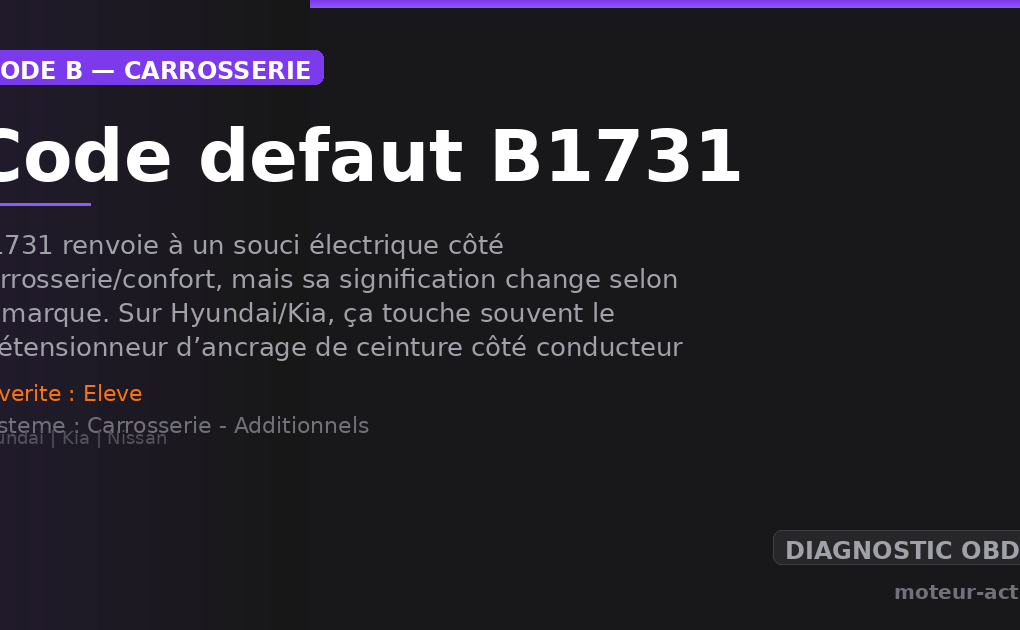 Code défaut B1731 : B1731 renvoie à un souci électrique côté carrosserie/confort, mais sa signification change selon la marque