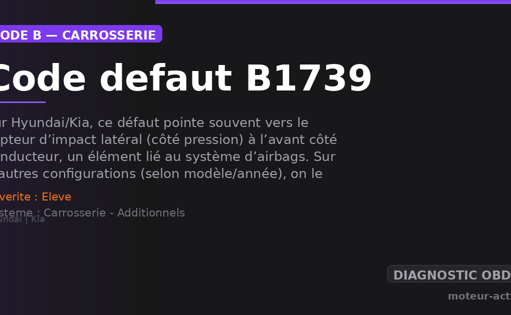 Code défaut B1739 : Sur Hyundai/Kia, ce défaut pointe souvent vers le capteur d’impact latéral (côté pression) à l’avant côté conducteur, un élément lié au système d’airbags