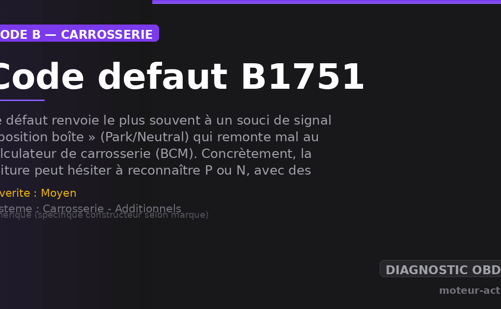 Code défaut B1751 : Ce défaut renvoie le plus souvent à un souci de signal « position boîte » (Park/Neutral) qui remonte mal au calculateur de carrosserie (BCM)