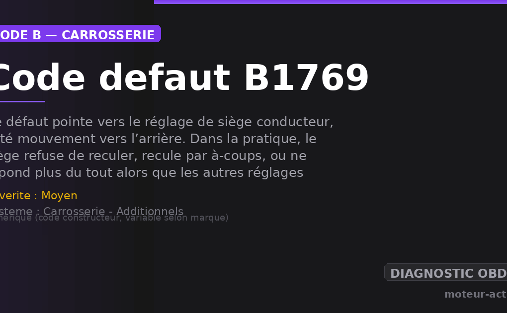Code défaut B1769 : Ce défaut pointe vers le réglage de siège conducteur, côté mouvement vers l’arrière